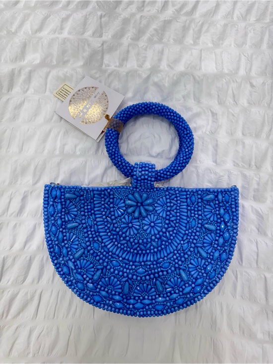 Handbags - Beaded Half-Moon Handbag with Circular Handle - Blue